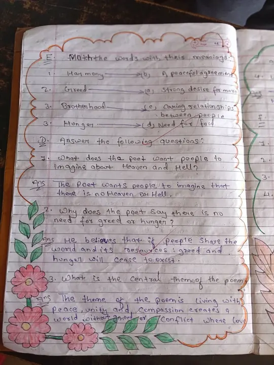 A hand-drawn illustration in a student's English notebook